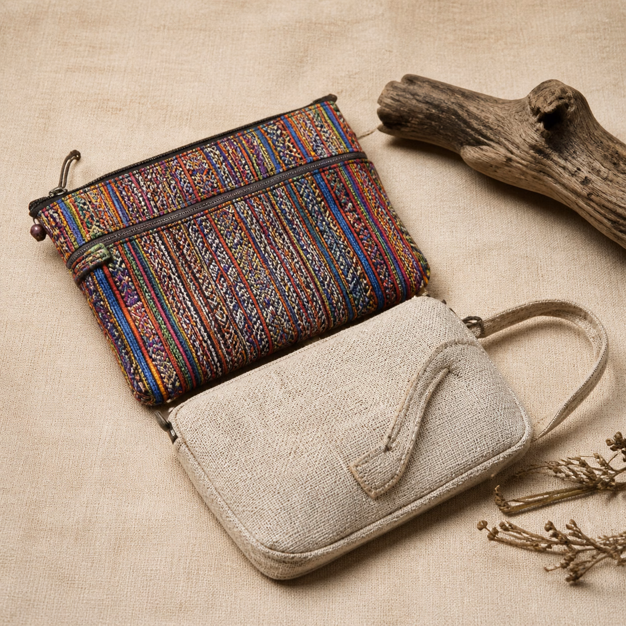 Small hemp pouches arranged with found objects
