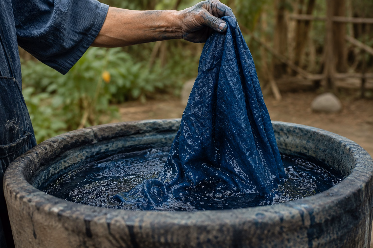 An artisan lifting indigo fabric from a traditional dye vat